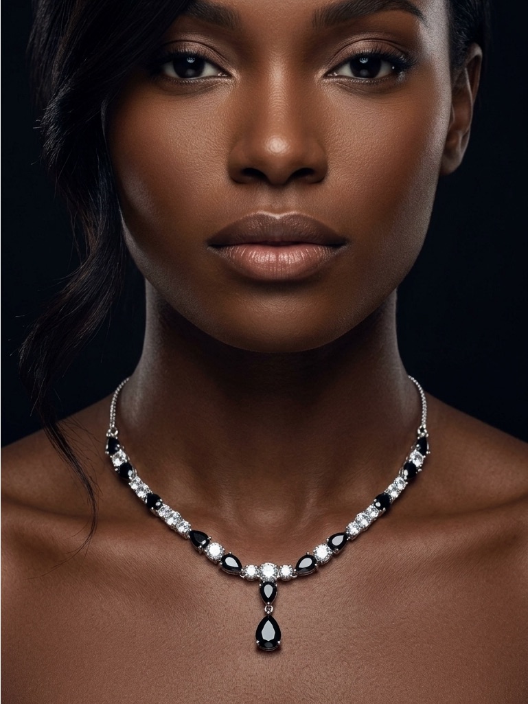 18k Gold Plated American Diamonds (Zirconia) Black & Silver Teardrop Necklace